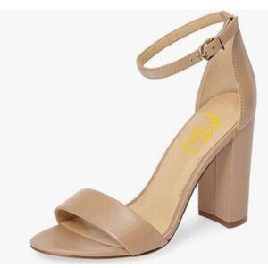 FSJ Nude Classic Chunky High Heel Sandals Open Toe Ankle Strap Single Band Dress